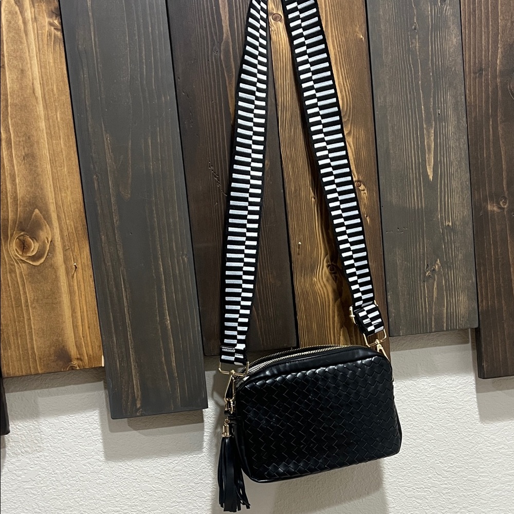 Black Woven Crossbody Bag with Striped Strap
